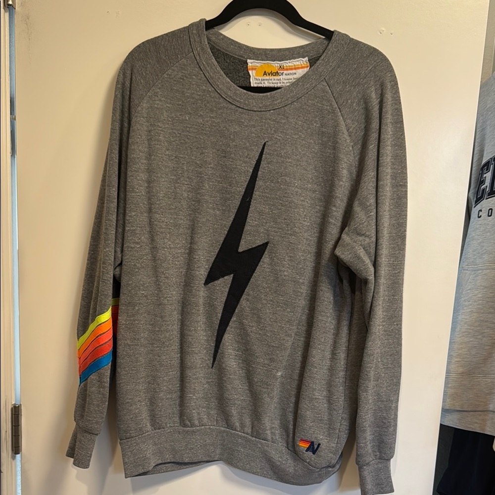 Aviator Nation Gray Crewneck Sweater with Lightning Bolt